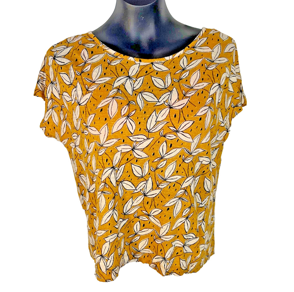 Rachel Zoe Blouse Size M 100% Linen Mustard Yellow Floral Short Slv Back Button